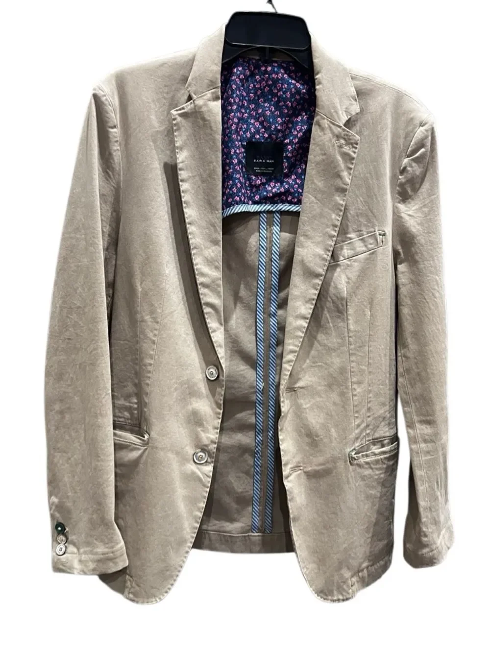 Zara Man Blazer Cotton Denim Tan Khaki Size Large